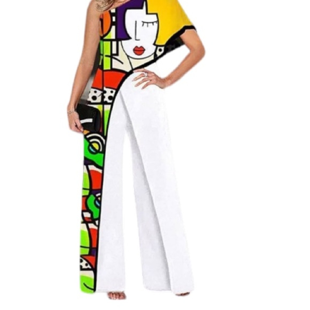 MEIYIFANG Chic Sassy Jumpsuit Off Shoulder Print Face Sz S Rompers Streetwear - Picture 3 of 9